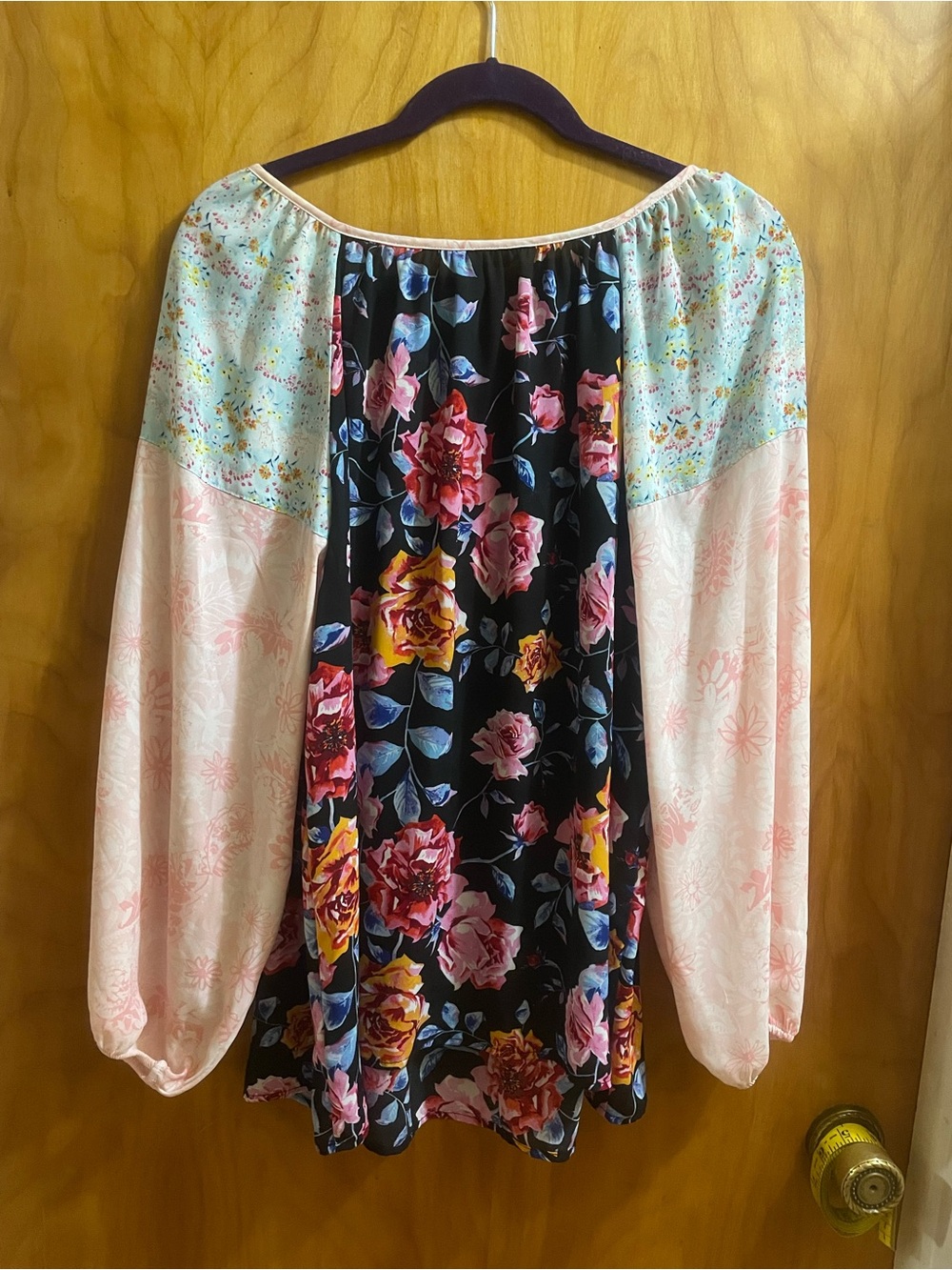 The Pioneer Woman Black Floral Peasant Blouse with Pink and Mint Accents - Picture 2 of 8